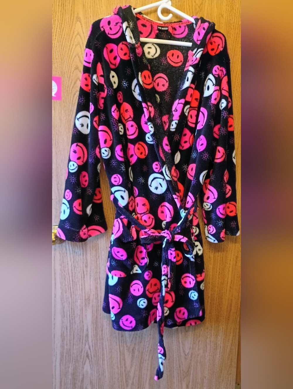 Joe Boxer Black Plush Robe with Neon Pink and White Smiley Faces